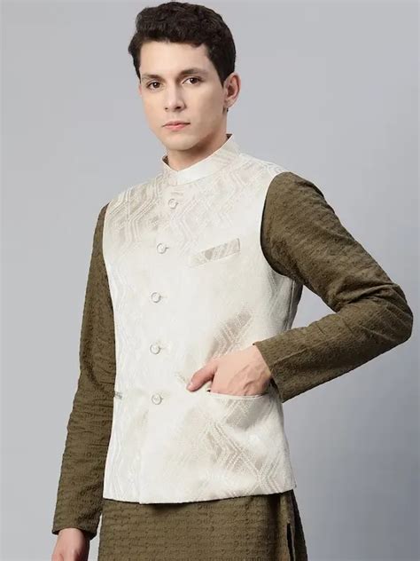 Men Woven Design Jaquard Silk Nehru Jacket Manq