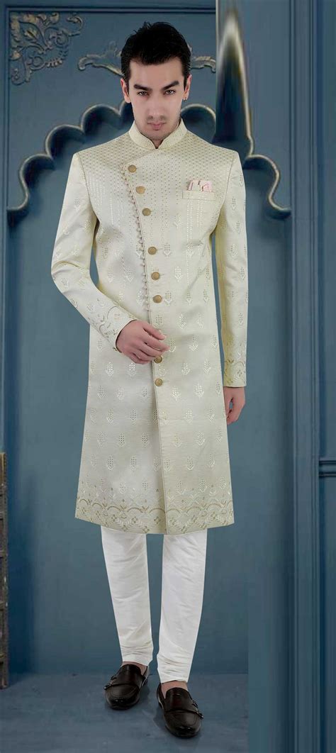 Beige And Brown Color Brocade Fabric Sherwani 1834676