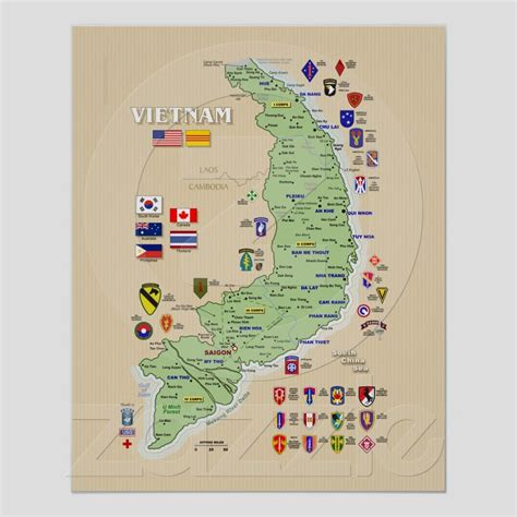 the map of vietnam with flags and emblems on it's sides, including cities