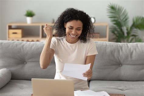 Woman Holding Paper Reading Letter Feels Happy Celebrate Loan Approval