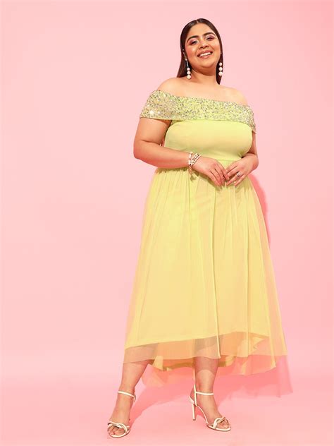 Buy Curvy Street Lime Green Plus Size Off Shoulder Net Dress Dresses For Women 20980272 Myntra