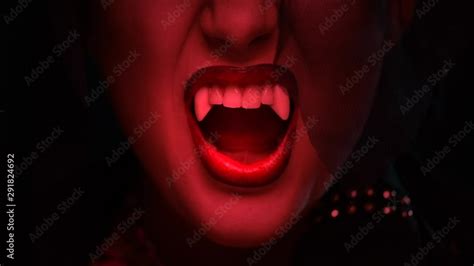 Sexy Vampire Womans Red Bloody Lips Close Up Vampire Girl Licking