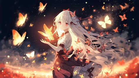 Red Butterflies White Long Hair Glow Anime Girl With School Uniform