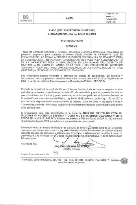 Aviso Licitacion Publica Dslic Distriseguridad