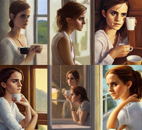 Emma Watson Drinking Coffee By The Kitchen Window Stable Diffusion