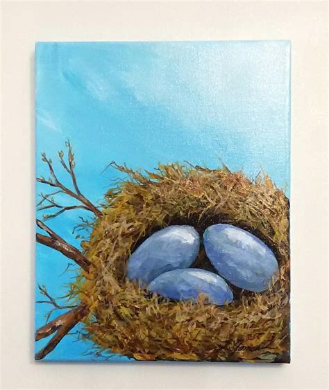 BIRD NEST PAINTING Blue Bird Eggs Original Acrylic Art Farm - Etsy