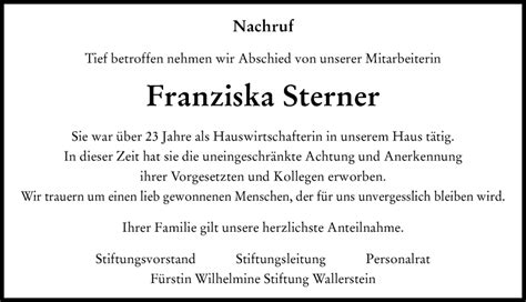 Traueranzeigen Von Franziska Sterner Augsburger Allgemeine Zeitung