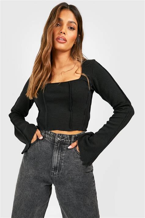 Black Exposed Seam Flare Sleeve Rib Corset Top Boohoo Uk