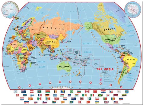 Huge Primary Pacific Centred World Wall Map Political with flags Pinboard