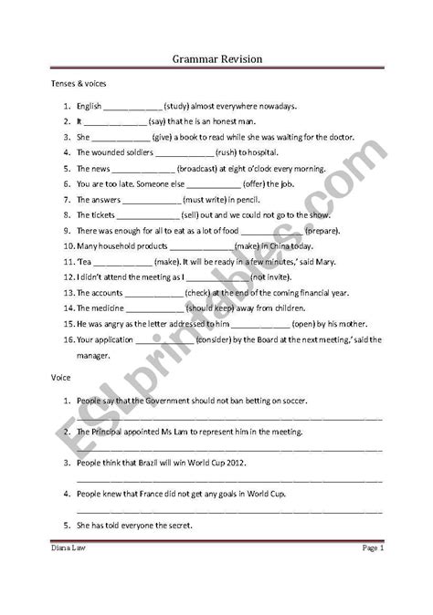 Grammar Revision Esl Worksheet By Dianlaw