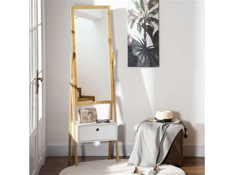 Miroir Sur Pied Avec Rangement Tiroir En Bambou Et Mdf Dim 45l X 30l