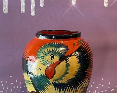 Vintage Mexican Pottery Vase Mid Century Hand Painted Mexican Pottery