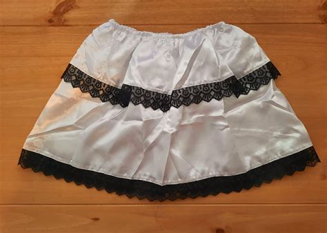 Pretty Mini White Satin Half Slip 2 Layers Waist Slip Black Floral Lace Trim Sissy Glossy