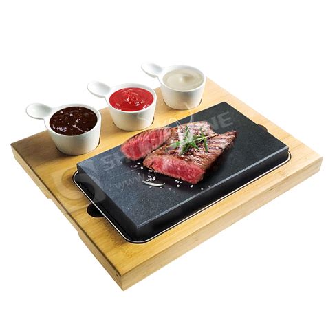 China Oem Steak Stone Set Hot Stone Grill Food Serving Platter Set Wood Tray For Cooking
