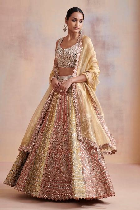 Buy Orange Tissue Embroidered Zari Work Leaf Neck Mirror Bridal Lehenga