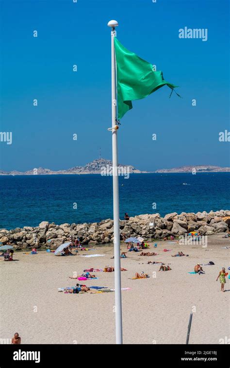 Marseille, France, Green Flag, OK For Bathing, Crowd People on Beach ...