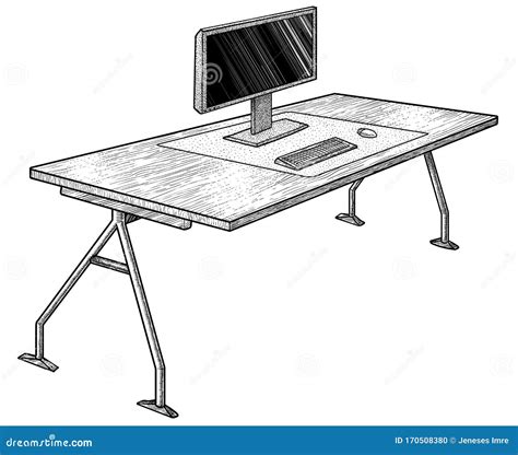 Office Desk With Computer Illustration Drawing Engraving Ink Line