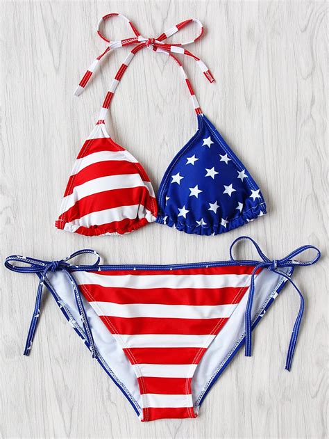 ROMWE ROMWE American Flag Print Side Tie Bikini Set AdoreWe