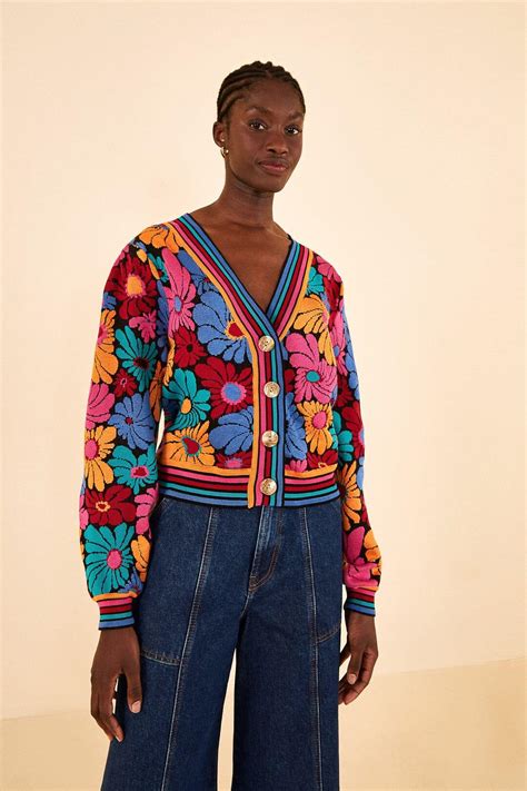 Farm Rio Black Sunny Daisies Knit Cardigan In Blue Lyst