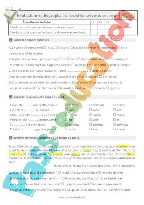 Laccord Du Verbe Avec Le Sujet Au Cm Evaluation Qcm Quiz Pdf