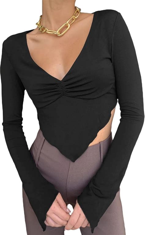 Damen Chic Langarm Crop T Shirt Top Sexy Tiefer V Ausschnitt Rückenfrei