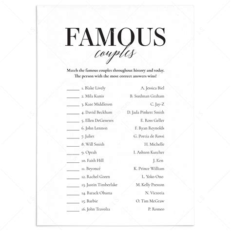 Famous Couples Game With Answer Key Printable Match The Celebrity