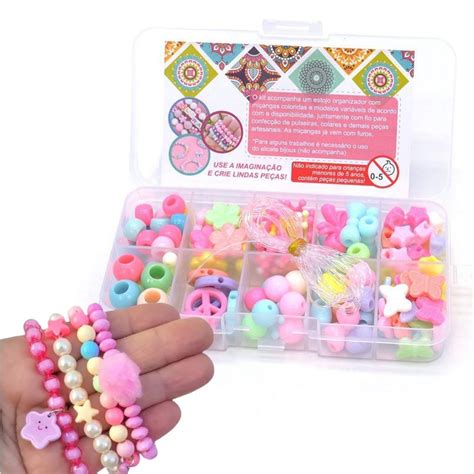 Pulseiras De Miçangas Com Fio De Silicone - Kit de Miçangas Infantil Pulseira e Colar com Fio de Silicone e Estojo ...