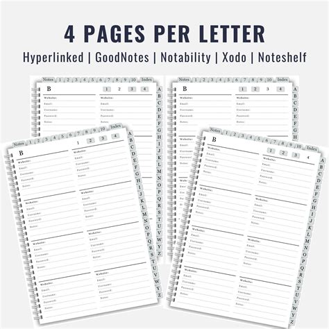 Digital Password Book With Alphabet Hyperlinked Tabs For Goodnotes