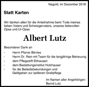 Traueranzeigen Von Albert Lutz Schwarzw Lder Bote Trauer