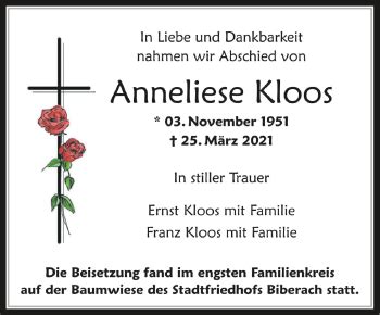 Traueranzeigen Von Anneliese Kloos Schwaebische De Trauerportal