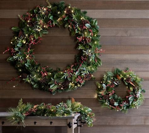 Lit Faux Pine Berries Wreath Garland Pottery Barn