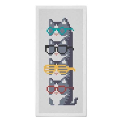 Mini Cats In Glasses Pile Pixel Art Poster Cross Stitch Bookmarks Cute Cross Stitch Cross