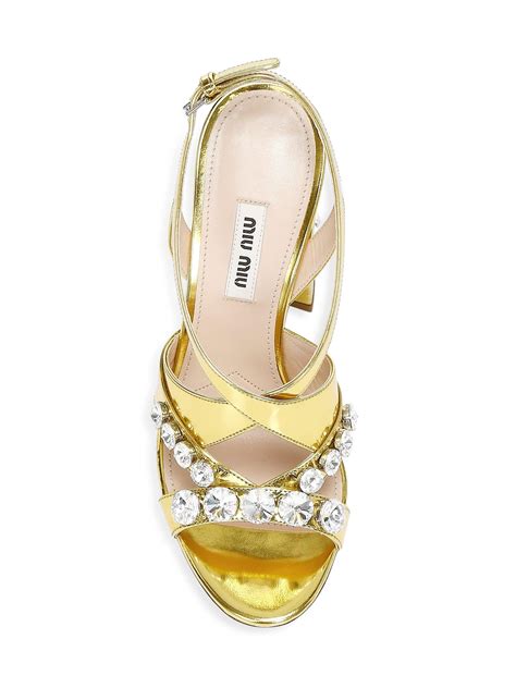 Miu Miu Crystal Embellished Metallic Leather Curved Heel Sandals In