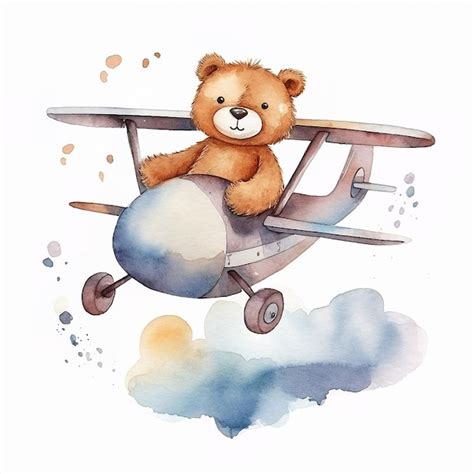 Un Disegno Ad Acquerello Di Un Orsacchiotto Che Vola Su Un Aereo