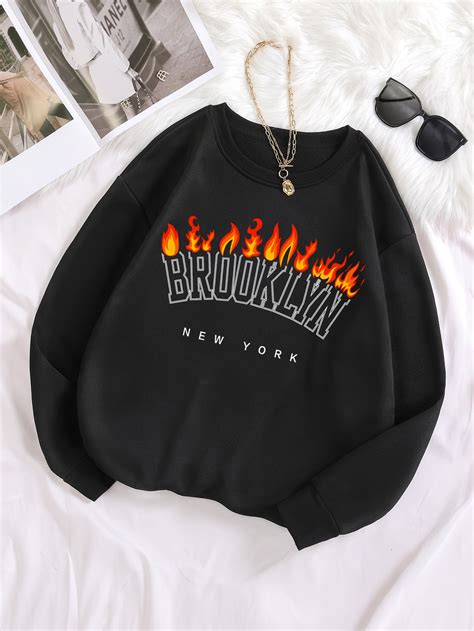 Shein Coolane Plus Fire Letter Graphic Thermal Pullover Shein Usa