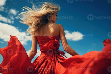 Woman Red Flying Dress A Blonde In A Red Dress Against The Sky