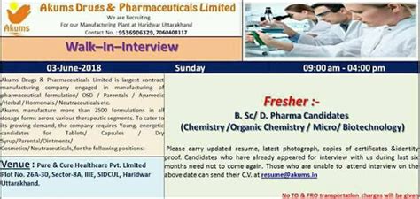 Akums Drugs Pharmaceuticals Fresher Walk In Interview 3 June