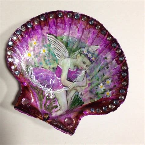 Hand Painted Scallop Shell With Fairy Decoupage Etsy Seashell