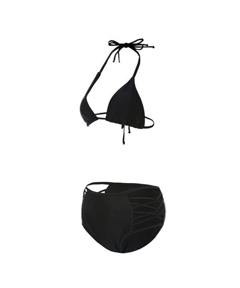 Womens Sexy Bandage Backless Bikini Swimsuit Halter High Waisted 2 Piece Bathing Suits Black