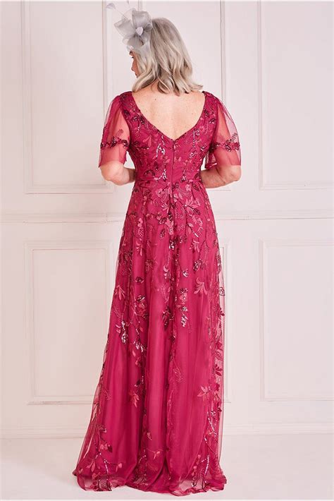 Goddiva Embroidered Flared Sleeve Maxi Magenta