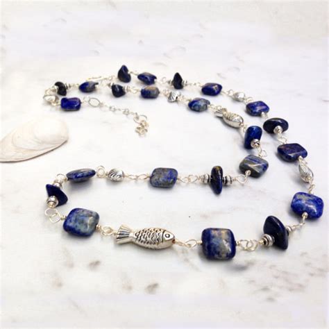 Long Blue Denim Lapis And Pewter Bead Necklace Basket Of Blue