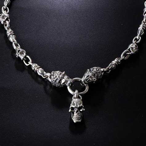 Mens Sterling Silver Lions And Skull Necklace Vvv Jewelry