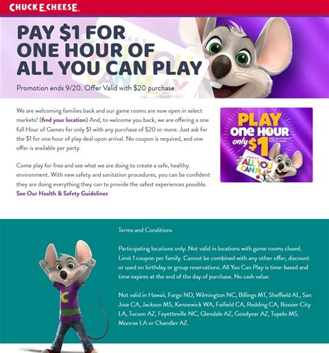 $1 for unlimited game play with $20 spent at Chuck E. Cheese pizza #chuckecheese | The Coupons App®