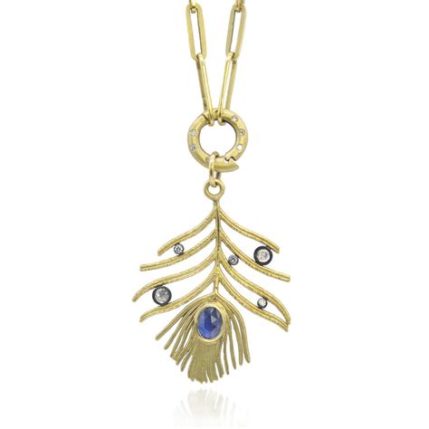 Gold Peacock Feather Pendant Necklace With Sapphires And Diamonds By Rebecca Myers Design