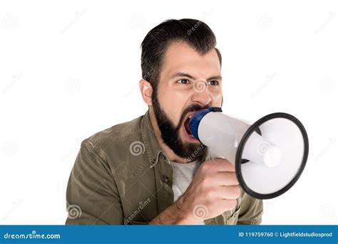 Angry Man Yelling Into Megaphone Stock Photo Image Of Caucasian