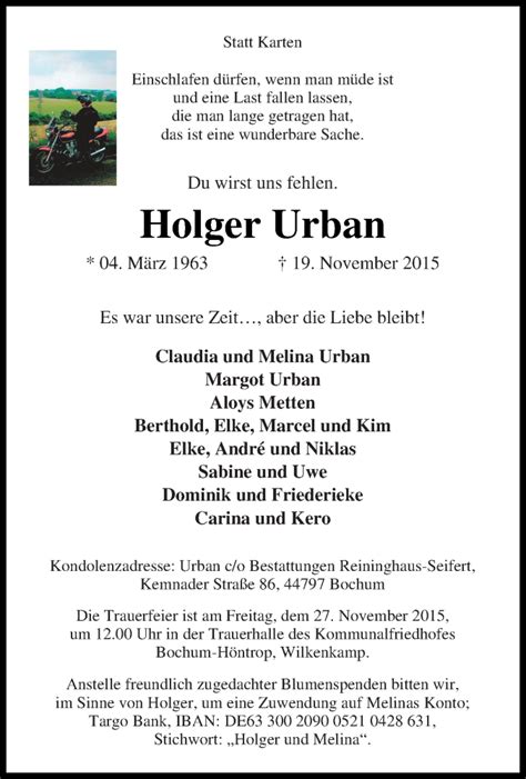 Traueranzeigen von Holger Urban | Trauer-in-NRW.de