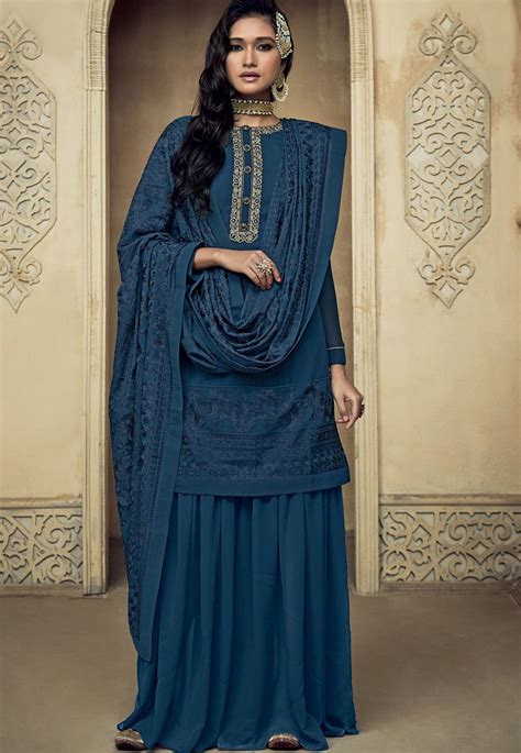 Royal Blue Georgette Embroidered Sharara Pakistani Suit