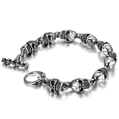 Bracelet homme Biker Tête de Mort Skull Crâne Acier 26cm