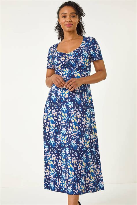 Blue Petite Stretch Floral Ruched Front Dress Petite Uk