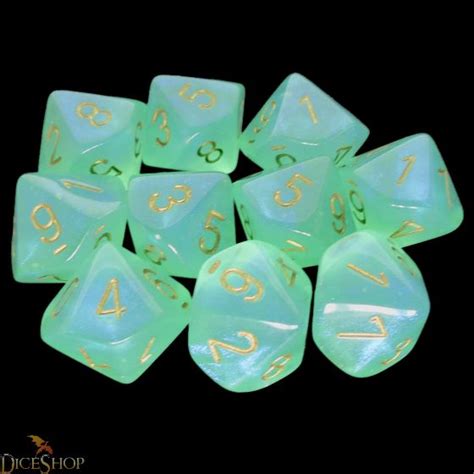 2020 Chessex Borealis Light Green And Gold Luminary 10 X D10 Dice Set